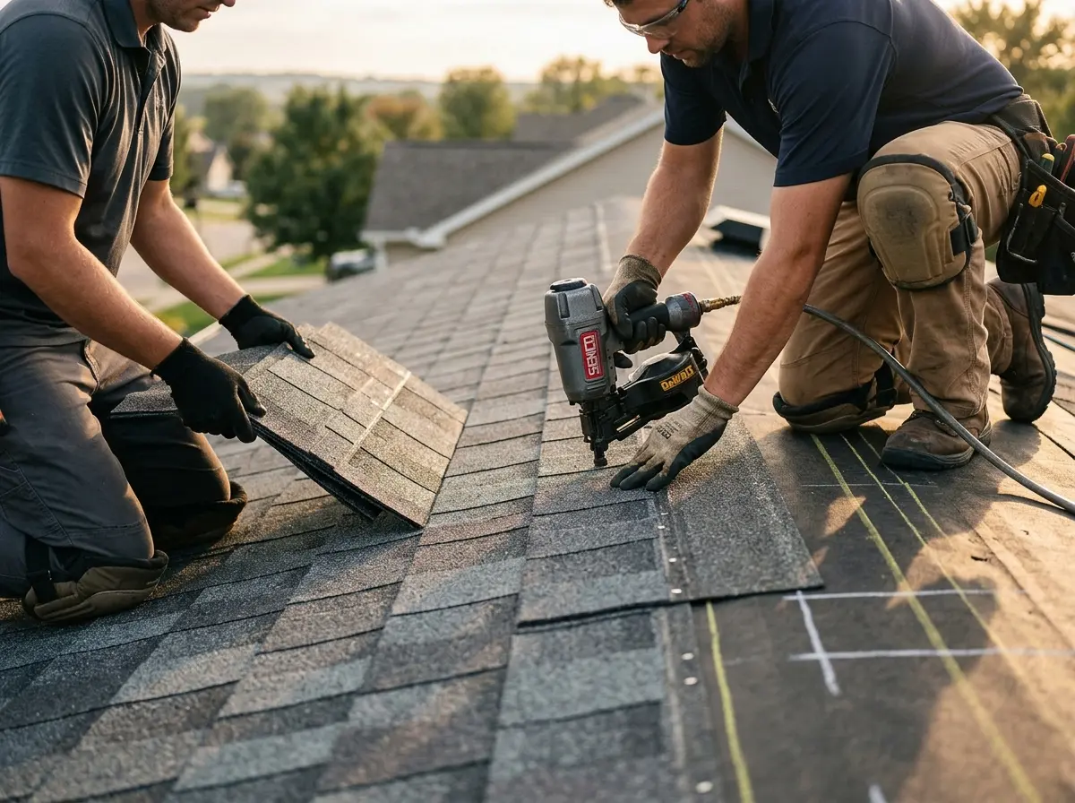 Professional roofer working on a residential roof in Fort Atkinson